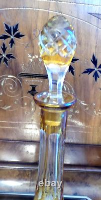 10 PIECE VINTAGE BOHEMIAN AMBER CUT TO CLEAR DECANTER 7 CORDIALS ETCHED WithTRAY