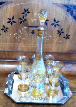 10 PIECE VINTAGE BOHEMIAN AMBER CUT TO CLEAR DECANTER 7 CORDIALS ETCHED WithTRAY