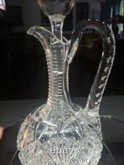 11 Handled Decanter Wine, American Brilliant Period Cut Glass Crystal Hobstars