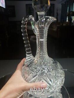 11 Handled Decanter Wine, American Brilliant Period Cut Glass Crystal Hobstars