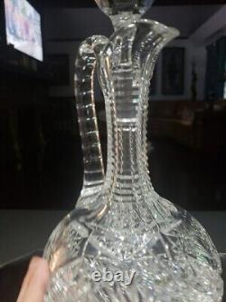 11 Handled Decanter Wine, American Brilliant Period Cut Glass Crystal Hobstars