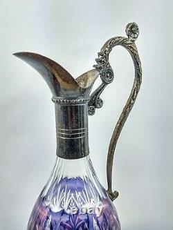 13 Bohemian Cut Crystal Blue/Violet Wine Decanter with Metal Handle No Stopper