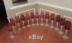 13 Nachtmann Traube cranberry cut clear champagne flutes with one decanter and