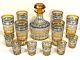 13 Pc Bohemian Czech Glass Amber Yellow & Blue Cut To Clear Whiskey Decanter Set