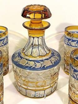 13 pc BOHEMIAN CZECH GLASS Amber Yellow & Blue CUT TO CLEAR Whiskey Decanter Set