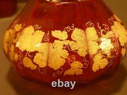 1800's Moser Cut Bedside Tumble Up Cranberry Glass Water Set Carafe Gold Leaf