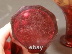 1800's Moser Cut Bedside Tumble Up Cranberry Glass Water Set Carafe Gold Leaf