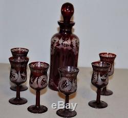 1850-1899 Cranberry Cut Clear Bohemian Glass Hand Decorated Decanter WithGlasses
