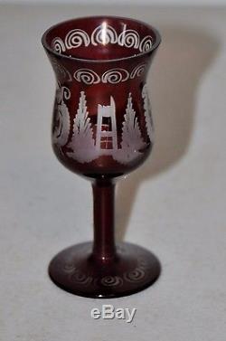 1850-1899 Cranberry Cut Clear Bohemian Glass Hand Decorated Decanter WithGlasses