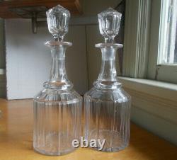 1860 Matching Pair Of Cut Glass Paneled Liquor Decanters & Cut Hollow Stoppers