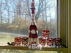 1860s PONTILED RUBY RED FLASHED CUT TO CLEAR BOHEMIAN DECANTER & 6 SHOT GLASSES
