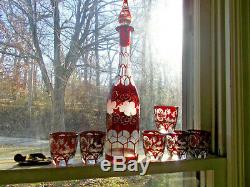1860s PONTILED RUBY RED FLASHED CUT TO CLEAR BOHEMIAN DECANTER & 6 SHOT GLASSES