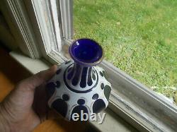 1870s WHITE OVERLAY CUT TO COBALT BLUE HAND BLOWN GLASS DECANTER PONTILED RARE