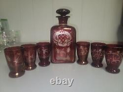 1880-1910 EGERMANN BOHEMIAN GRAVIC CUT GLASS DECANTER With 6 Cordial Glasses