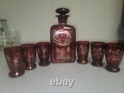 1880-1910 EGERMANN BOHEMIAN GRAVIC CUT GLASS DECANTER With 6 Cordial Glasses