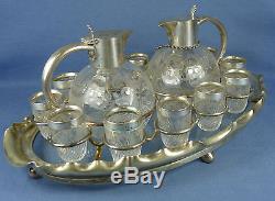 1880s Sterling & Cut Glass Aperitif 15-Piece Set, 2 Decanters 12 Glasses & Tray