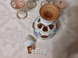 1930 Beautiful Opaque White Cut to Amber Bohemian Glass Decanter & 4 Glasses