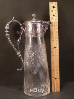 19 c Antique ABP Glass Diamond Cut Silver Decanter Wine Water Pitcher Claret Jug