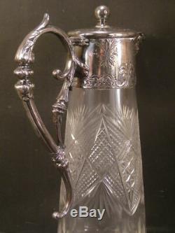 19 c Antique ABP Glass Diamond Cut Silver Decanter Wine Water Pitcher Claret Jug