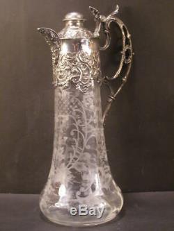 19 c Silver Floral Repousse Claret Jug Cut Etch Glass Decanter Wine Pitcher Head