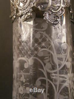 19 c Silver Floral Repousse Claret Jug Cut Etch Glass Decanter Wine Pitcher Head