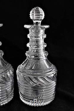 19th C. ANTIQUE PAIR CRYSTAL CUT GLASS DECANTER ENGLISH OR IRISH FOR TANTALUS