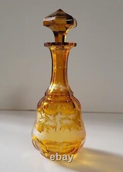 19th C BOHEMIAN AMBER CUT-CRYSTAL ETCHED GLASS SMALL DECANTER STAG & DEER 7.5 H
