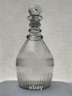 19th C Blown Cut Glass Decanter Bottle 3 Neck Rings Flutes Original Stopper