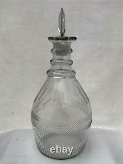 19th C Blown Cut Glass Decanter Bottle 3 Neck Rings Flutes Original Stopper