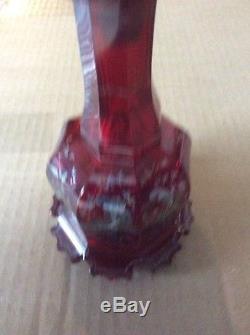 19th C. Silver overlay ruby panel cut 6&1/2 tall art glass small decanter
