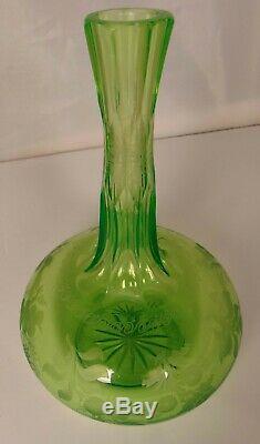 19th C Vaseline Cut Glass Decanter Wine Bottle Vase Bohemian Etched Flower