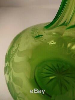 19th C Vaseline Cut Glass Decanter Wine Bottle Vase Bohemian Etched Flower