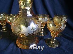 19th Century Amber Bohemian Grape And Vine Cut & Engraved Decanter & Six Glasses