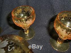 19th Century Amber Bohemian Grape And Vine Cut & Engraved Decanter & Six Glasses