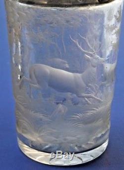 19th Century Bohemian Glass & Sterling Top Decanter with Deep Cut Stags, Forest