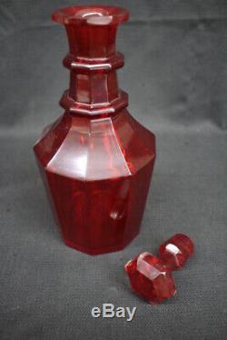 19th Century Bohemian Ruby Red 10 1/2 Decanter Ringed Neck Cut Glass with Stopper