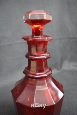 19th Century Bohemian Ruby Red 10 1/2 Decanter Ringed Neck Cut Glass with Stopper