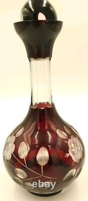 19th Century Cranberry Cut To Clear Hand Cut Bohemian Decanter With Stopper As Is