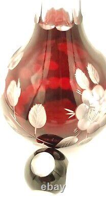 19th Century Cranberry Cut To Clear Hand Cut Bohemian Decanter With Stopper As Is