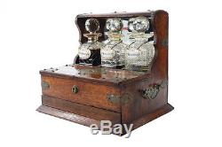 19th century Antique Captain Oak Tantalus with3 Cut Glass decanters