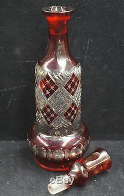 1 Amazing Large Ruby Red Flash Cut To Clear Glass Crystal Decanter 16.25 Tall