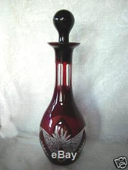 22Impressive Tall Ruby Red Cut-To-Clear Wine Decanter / Bottle withLid