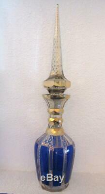 22 3/4 Blue Decanter Hand Painted Victorian Cut Glass Bohemian Czech Art Glass