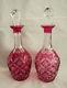 2 Antique Bohemian Cranberry Cut To Clear Art Glass Decanters
