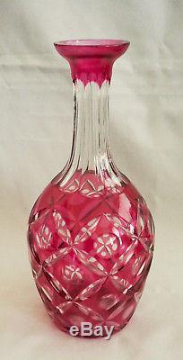 2 Antique Bohemian Cranberry Cut to Clear Art Glass Decanters