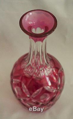 2 Antique Bohemian Cranberry Cut to Clear Art Glass Decanters