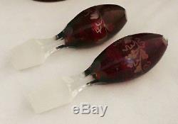 2 Antique Bohemian Moser Red Blown Chintz Cut Intaglio Art Glass Decanter 16