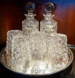 2 Antique Wheel Cut Crystal Decanters 4 Glasses Sterling Tags Tray Buy It Now