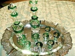 2 Baccarat Emerald Green Cut To Clear Cordial Decanters & 8 Matching Glasses