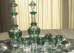 2 Baccarat Emerald Green Cut To Clear Cordial Decanters & 8 Matching Glasses